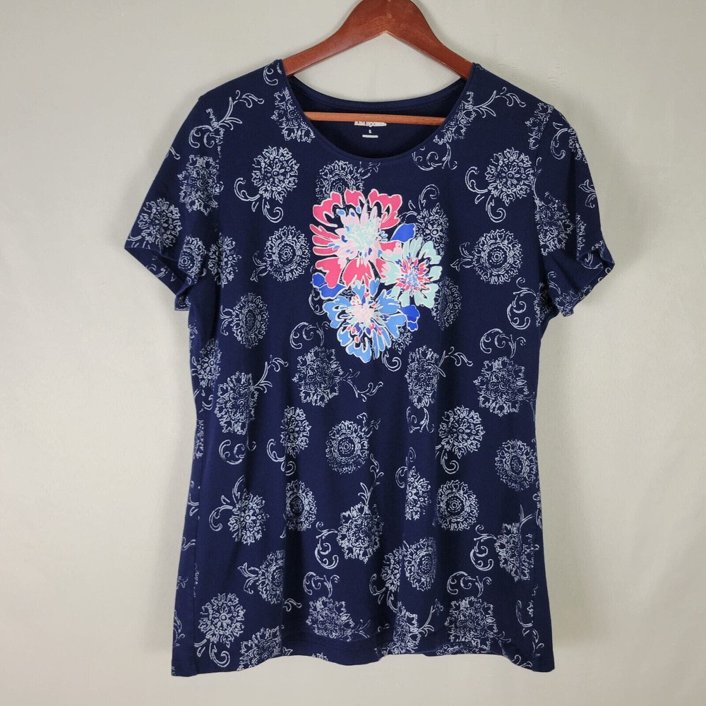Kim Rogers Womens Shirt‎ Large Top Blue Floral Graphic Short Sleeve Round Neck
